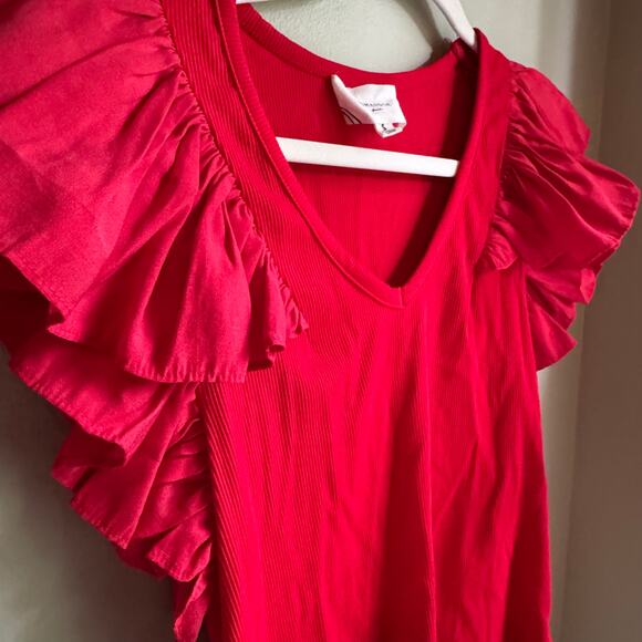 Red Pomander Place Ruffle Sleeve Rib Knit Top Tuckernuck S Preppy V-neck - Picture 3 of 6